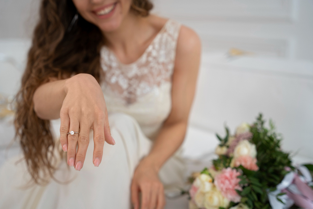 une femme montrant son alliance de mariage