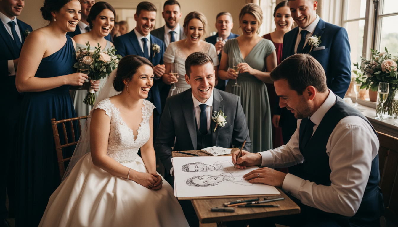 offrez une animation originale et inoubliable à votre mariage avec un caricaturiste professionnel, pour des souvenirs uniques et divertissants.